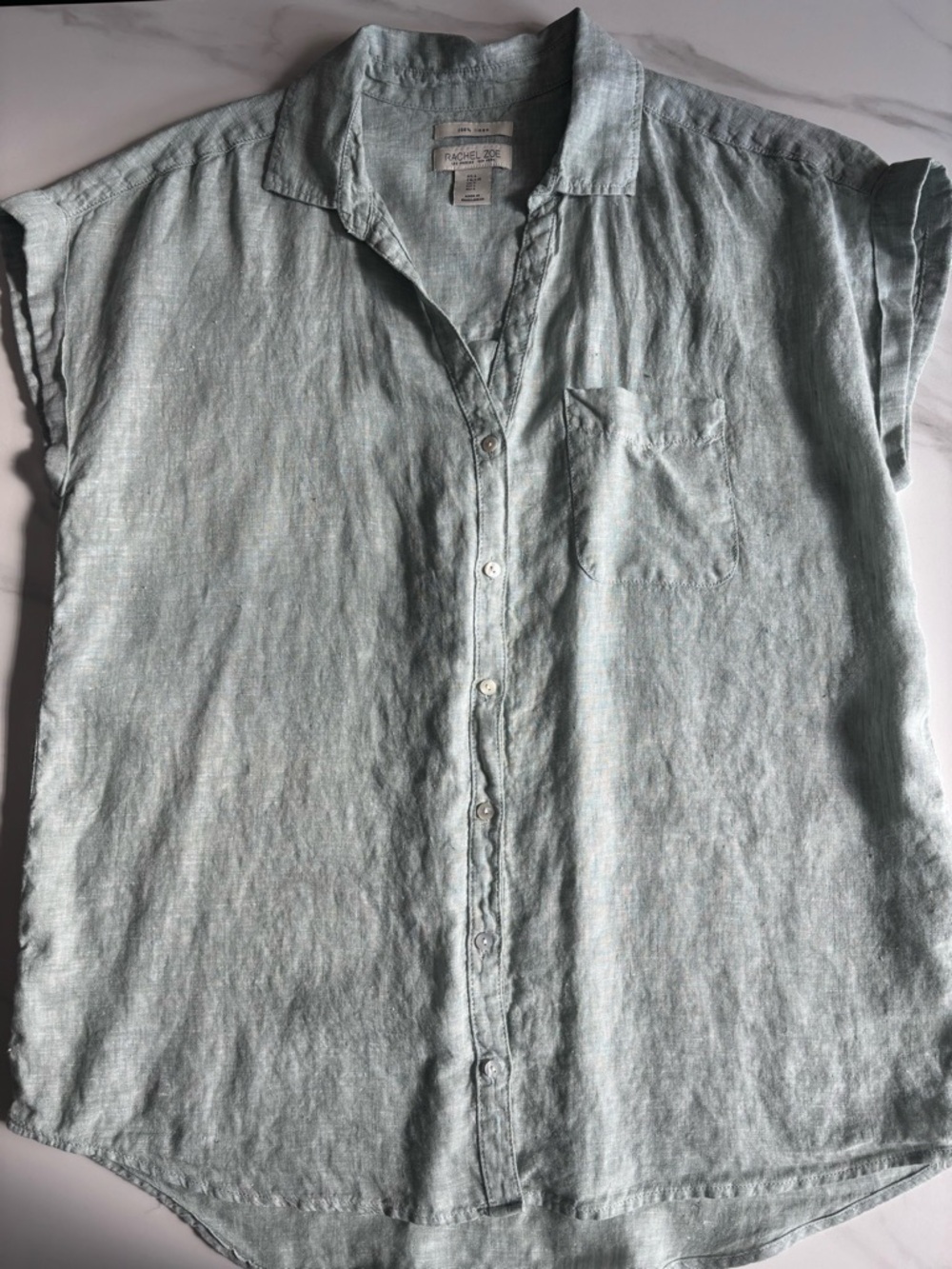 Rachel Zoe Linen Short-Sleeve Button-Down Shirt size L light green